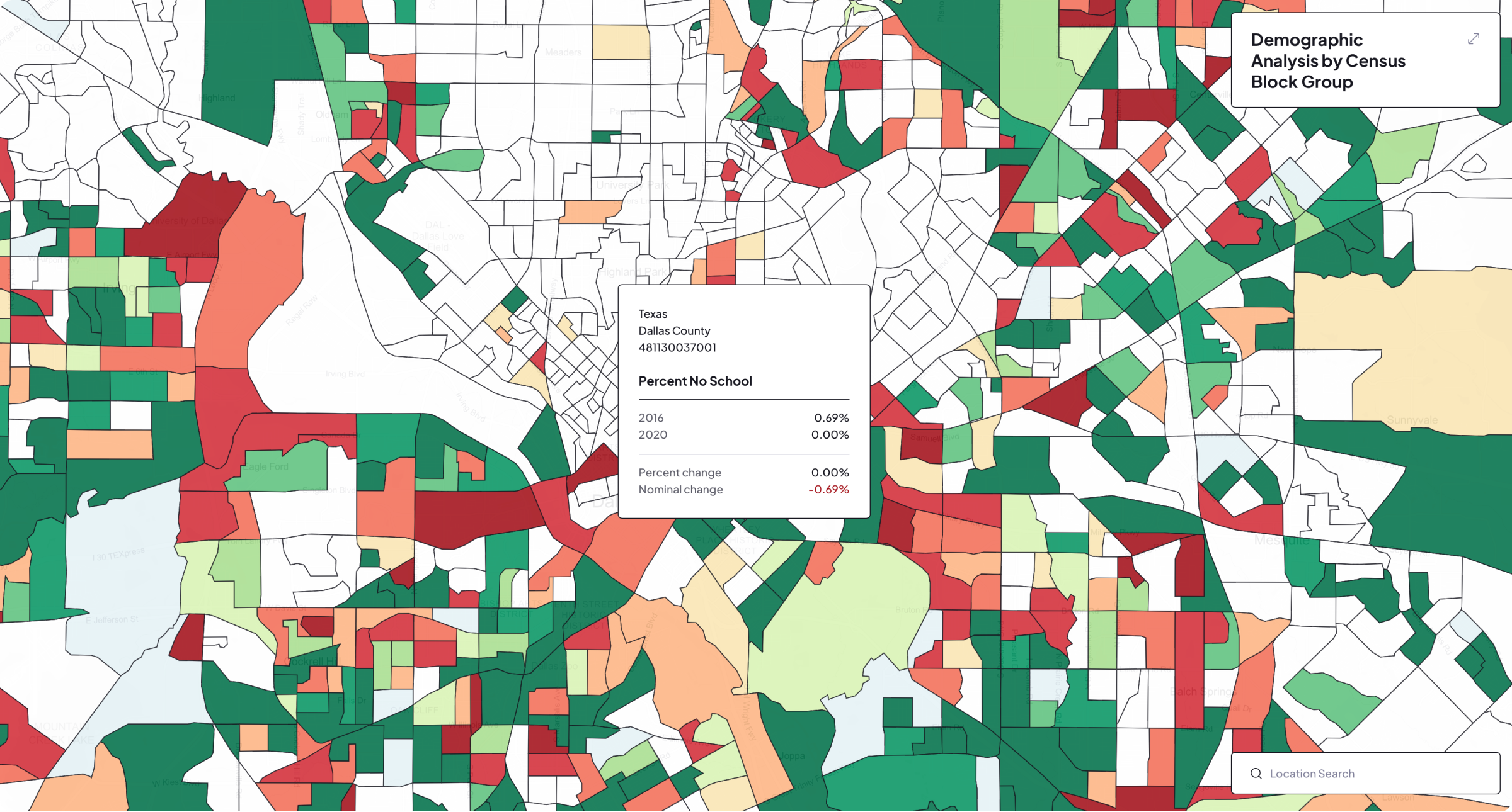 Texas census map showing changes in the percentage of residents without a high school diploma