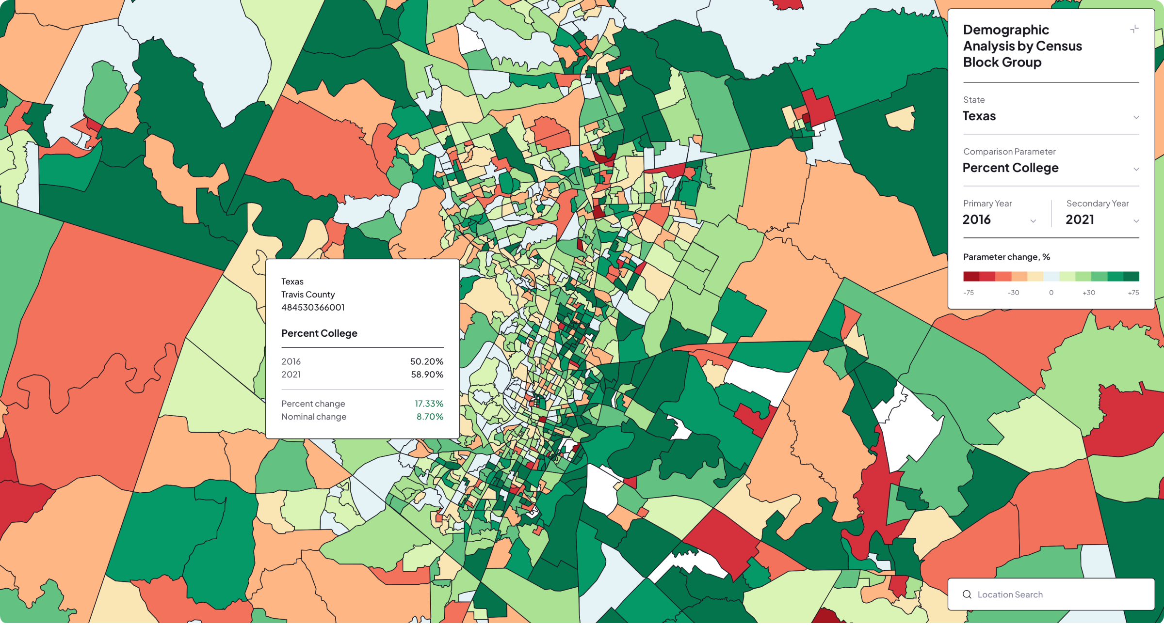 Texas census map comparing college education levels by block group