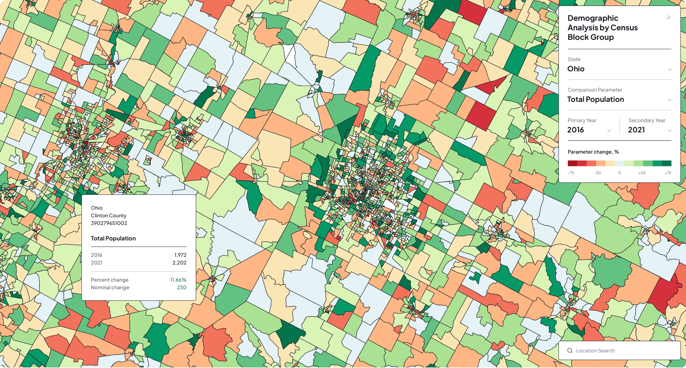 Ohio census map showing population change by block group