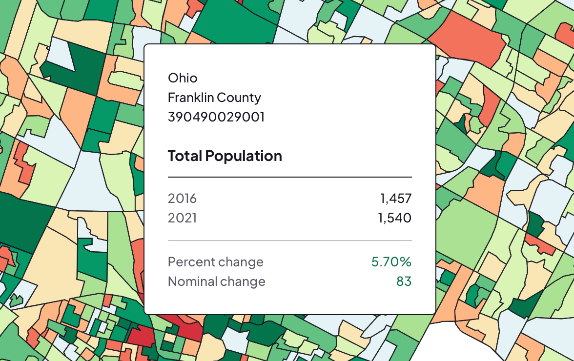 Ohio census popup comparing block group population totals for 2016 and 2021