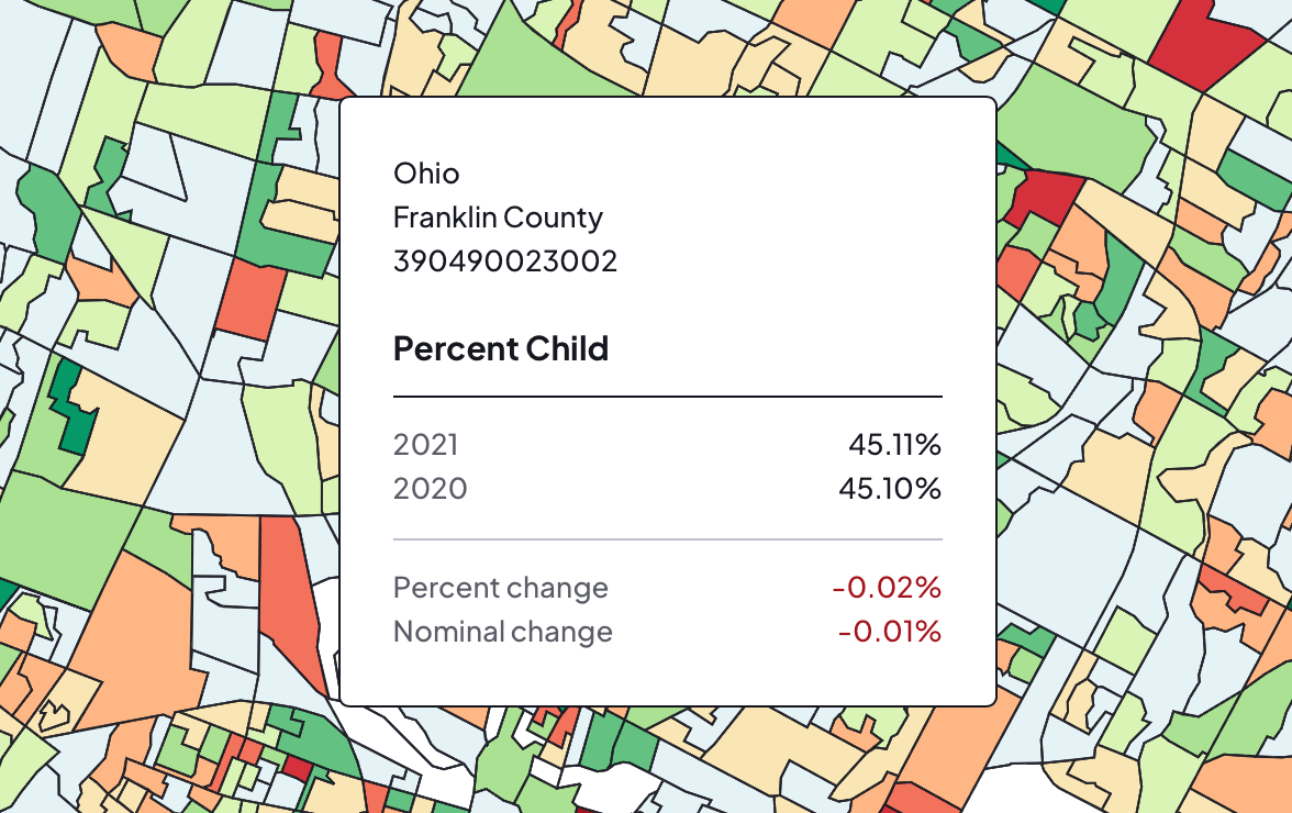Ohio census popup comparing the percentage of children in a block group