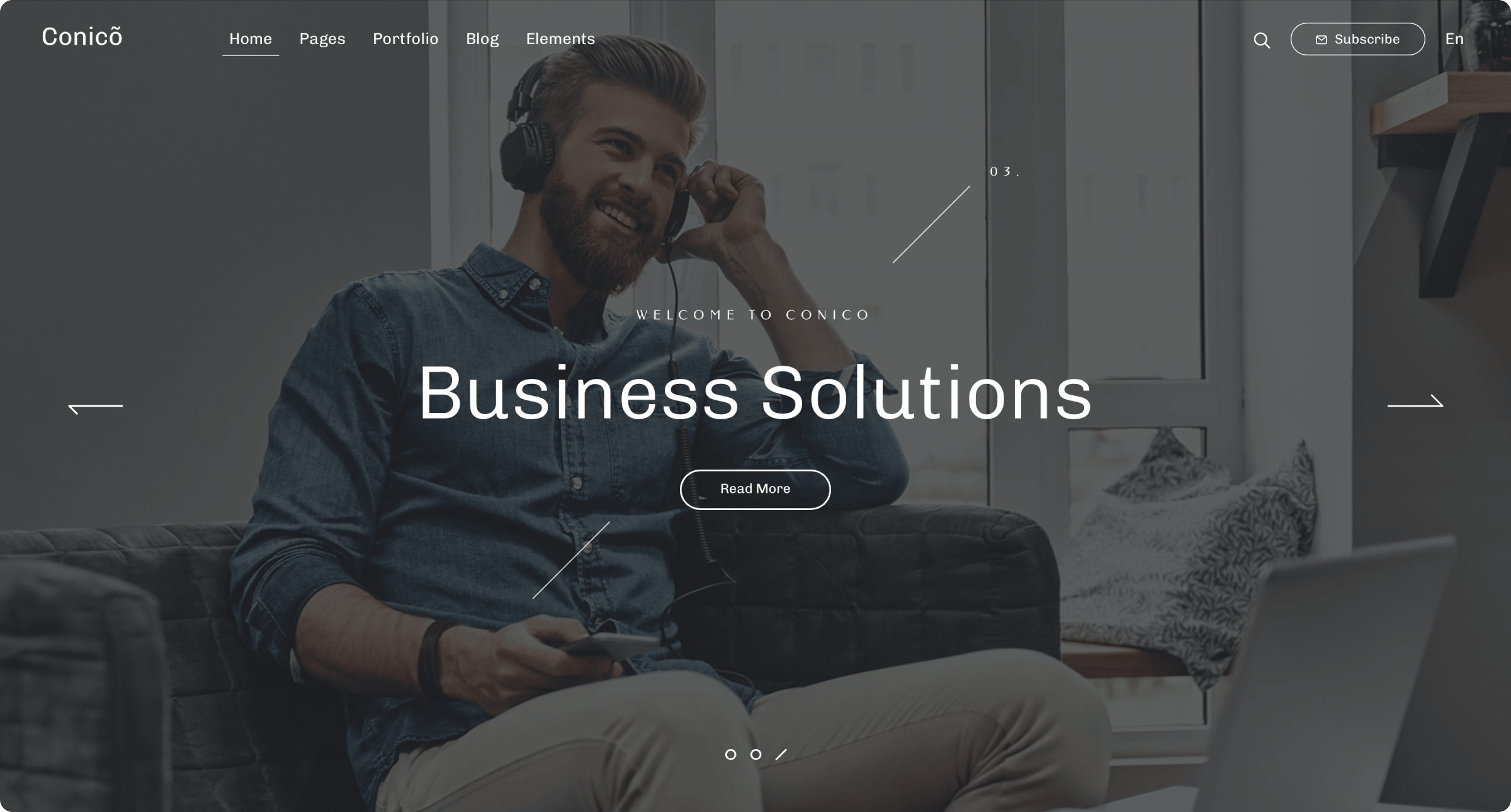 Conico business website demo with a full-width homepage slider