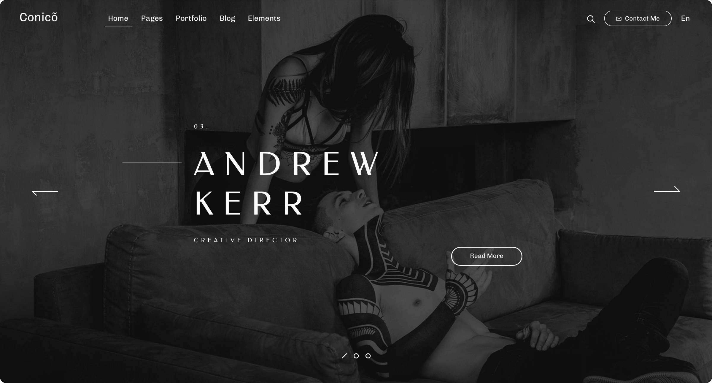 Conico creative director portfolio demo with a monochrome homepage