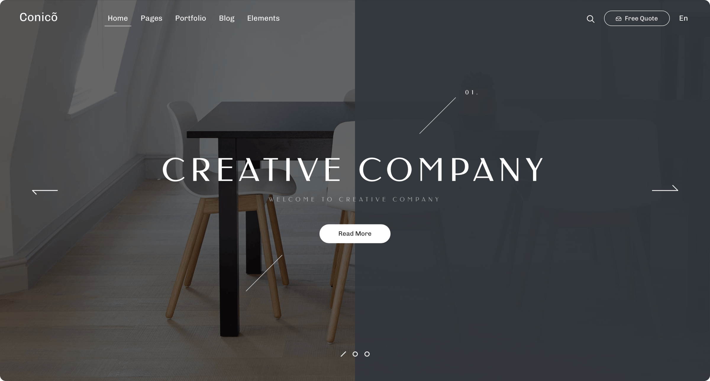 Conico creative company demo with a full-width image and centered heading