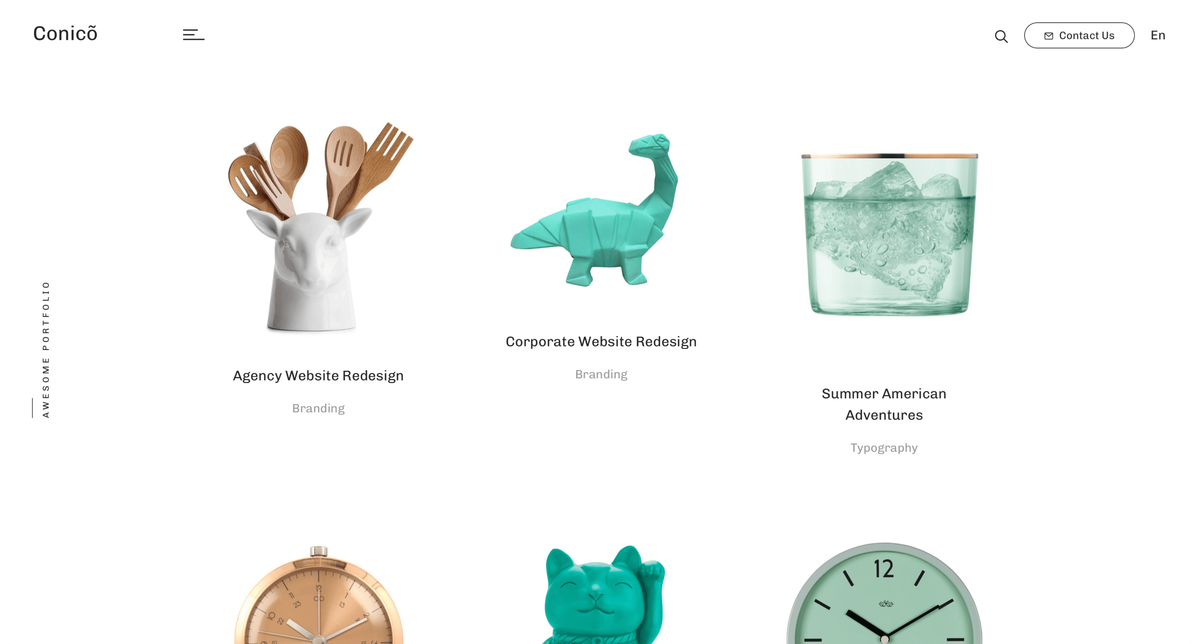 Conico portfolio grid with product and branding project previews