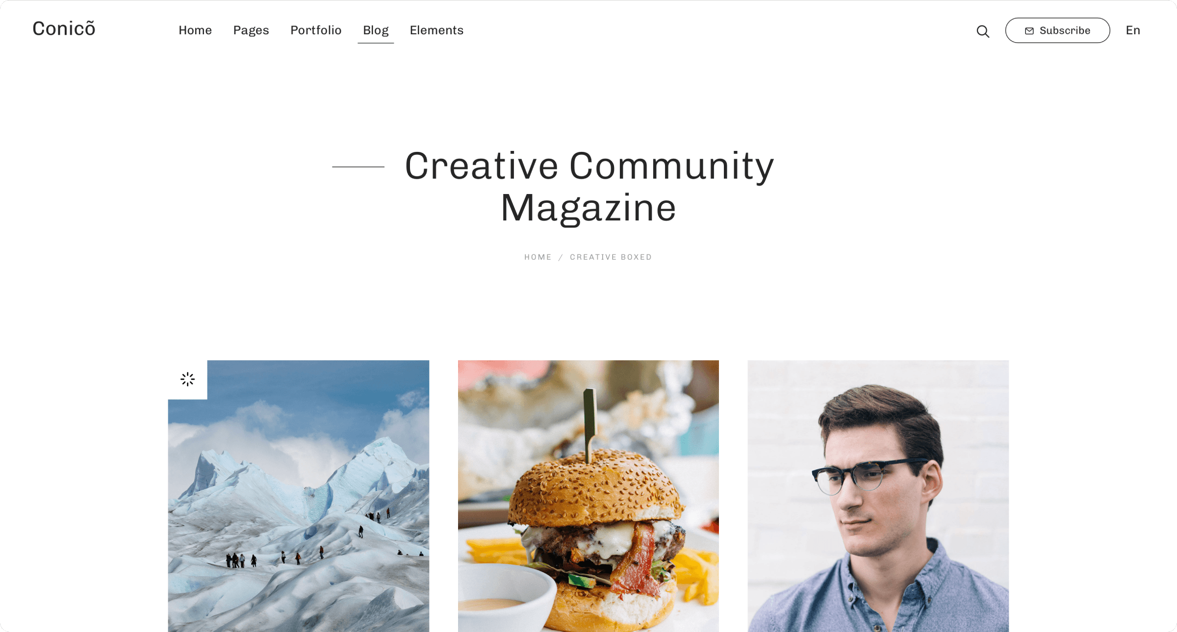 Conico magazine layout with photography, food and lifestyle article cards