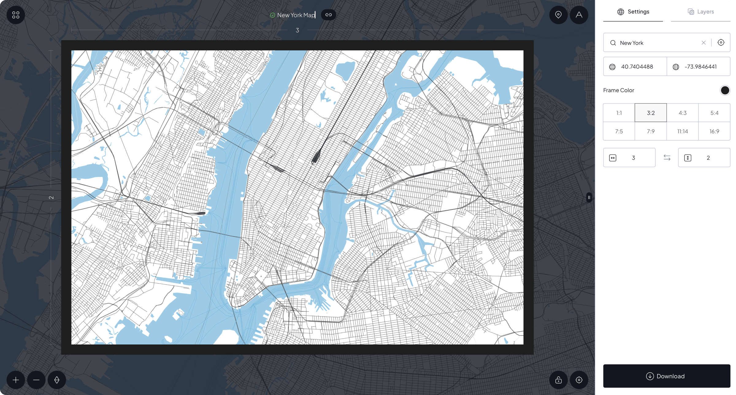 GeoCarve map editor with a New York street map and frame settings