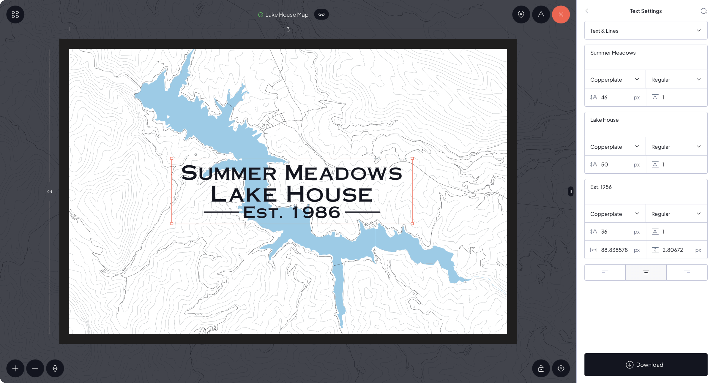 GeoCarve lake map editor with customizable text and typography settings