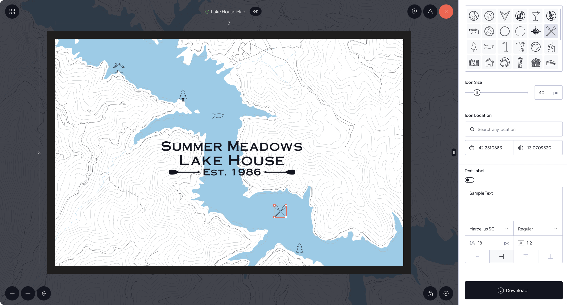 GeoCarve lake map with icon selection and text placement controls