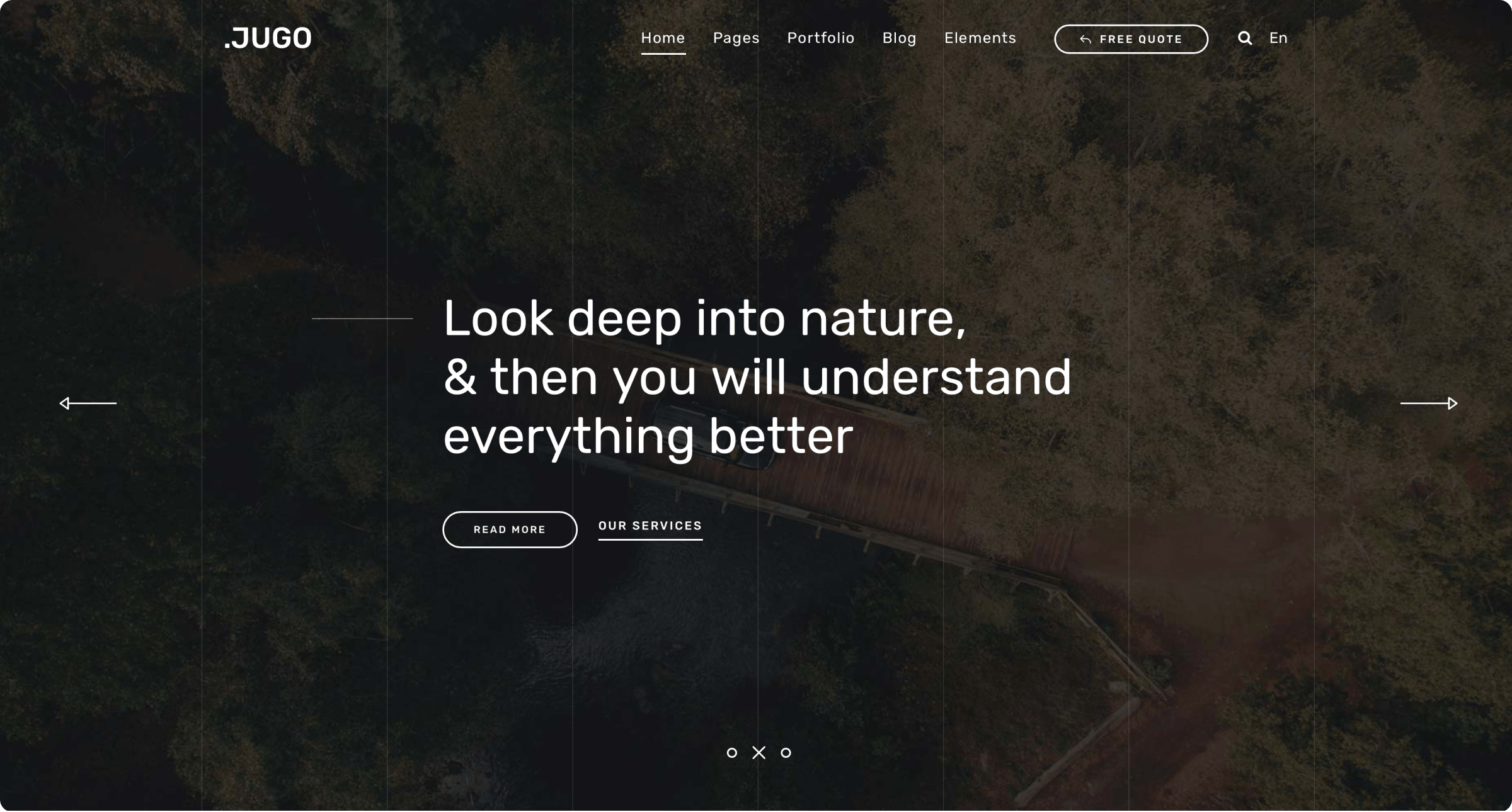 Jugo homepage demo with a nature photograph and service links