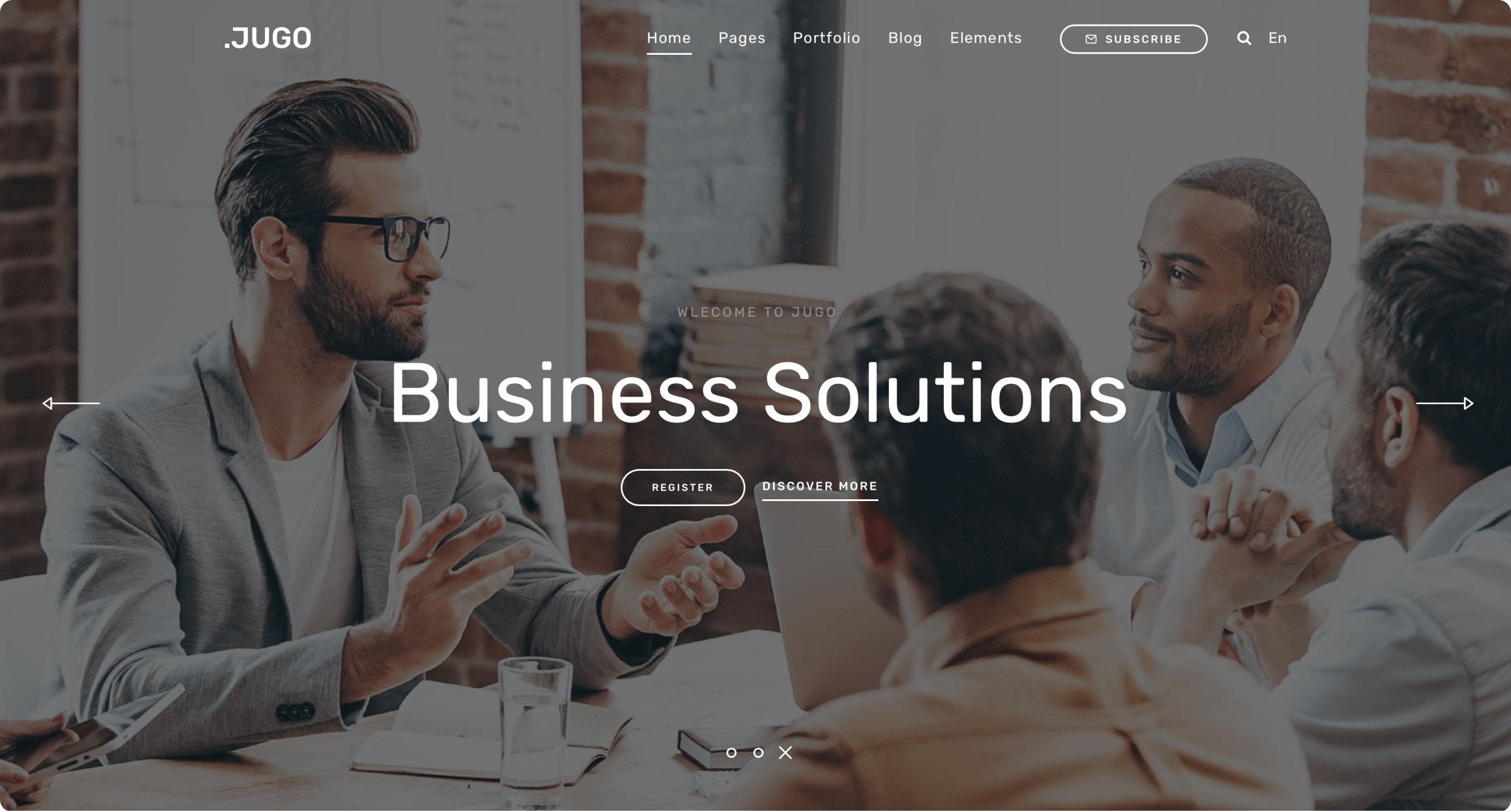 Jugo business website demo with a meeting photograph and homepage slider