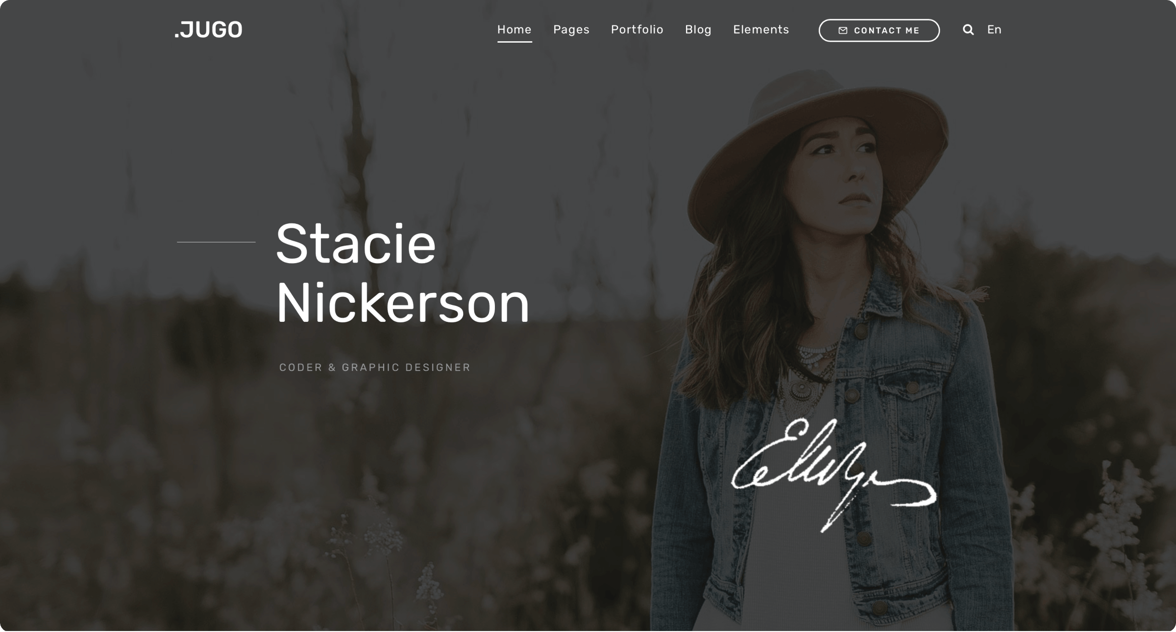 Jugo designer portfolio demo with a portrait and signature