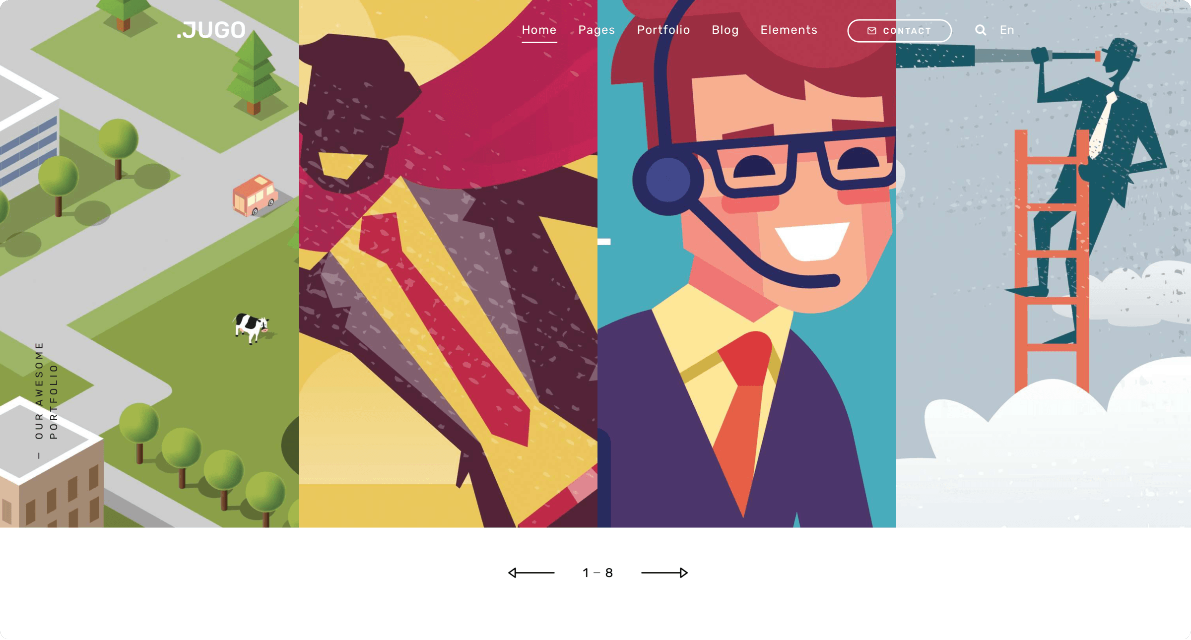Jugo creative portfolio demo with a colorful illustration slider