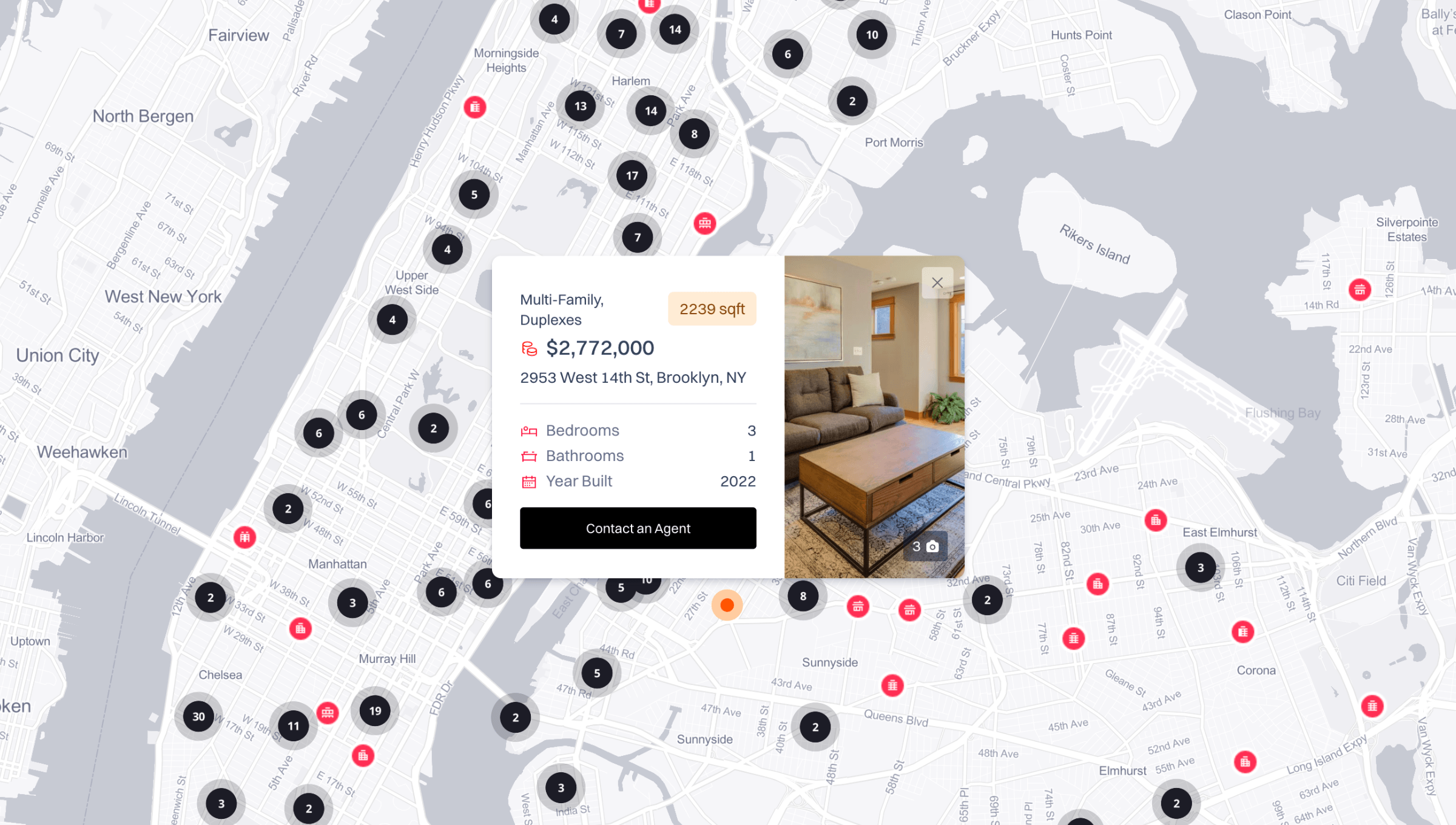 Treweler property map with clustered markers and a selected listing popup