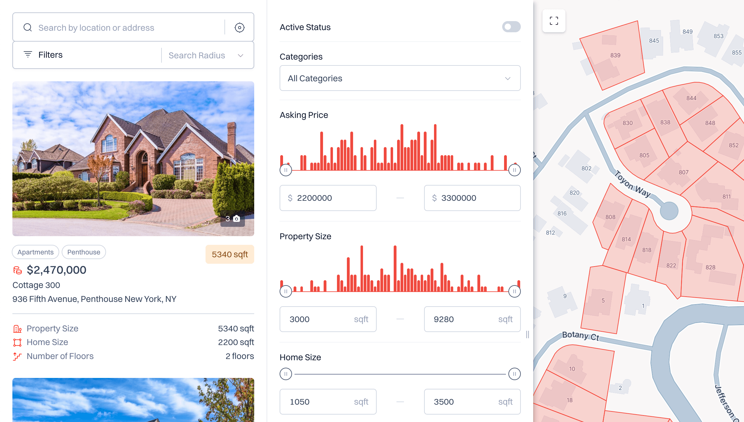 Treweler property search with listing cards, price filters and parcel boundaries