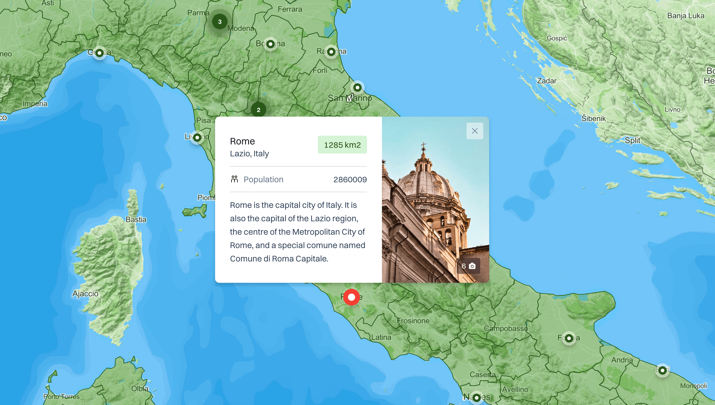 Treweler map of Italy with a Rome information popup