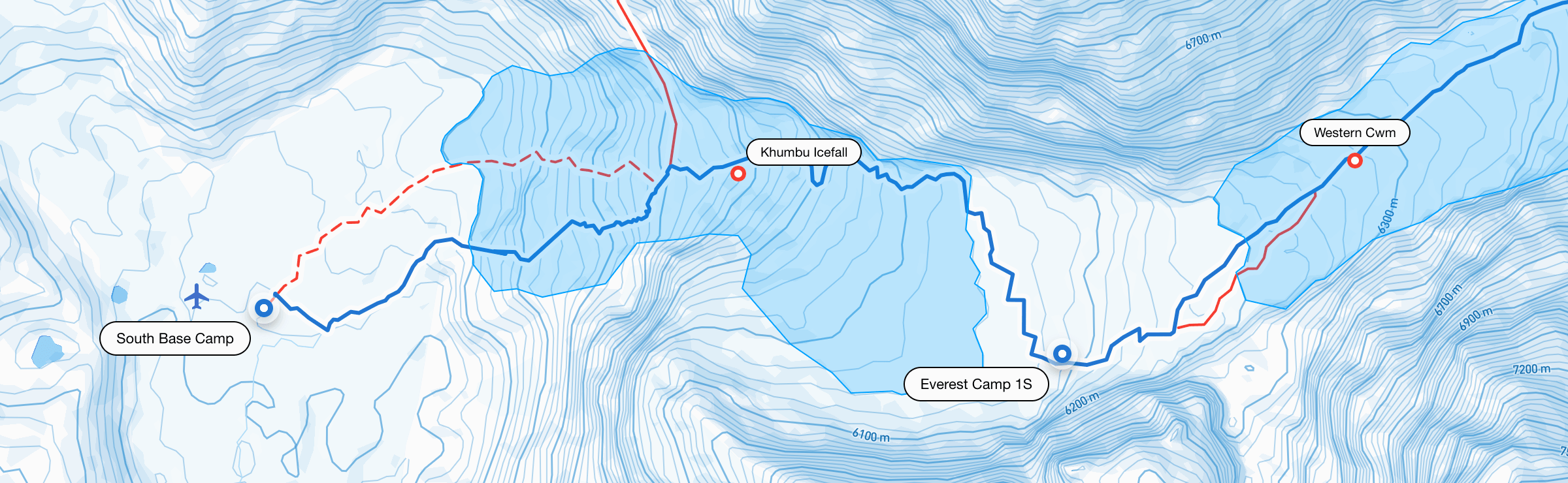 Treweler mountain route map with labeled camps and contour lines
