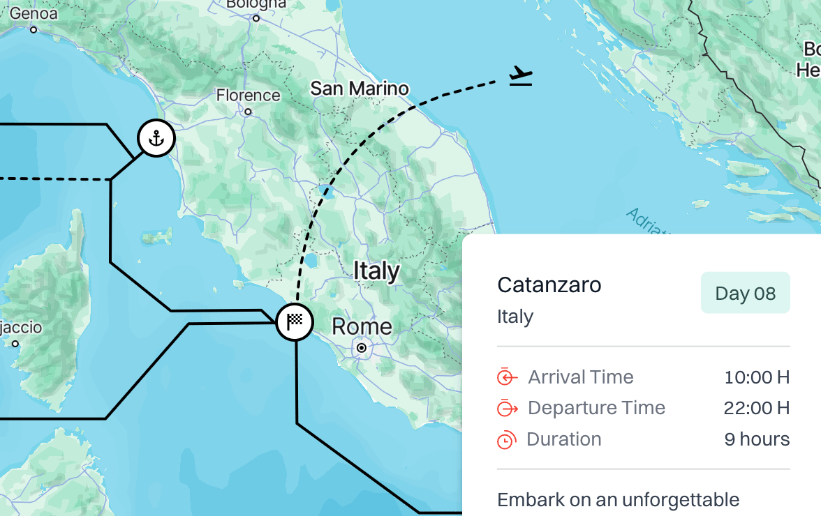 Treweler travel itinerary map of Italy with transport routes and stop details