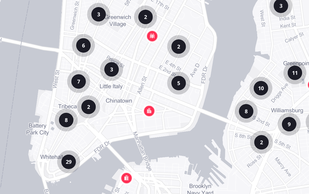 Treweler city map with numbered marker clusters and category icons