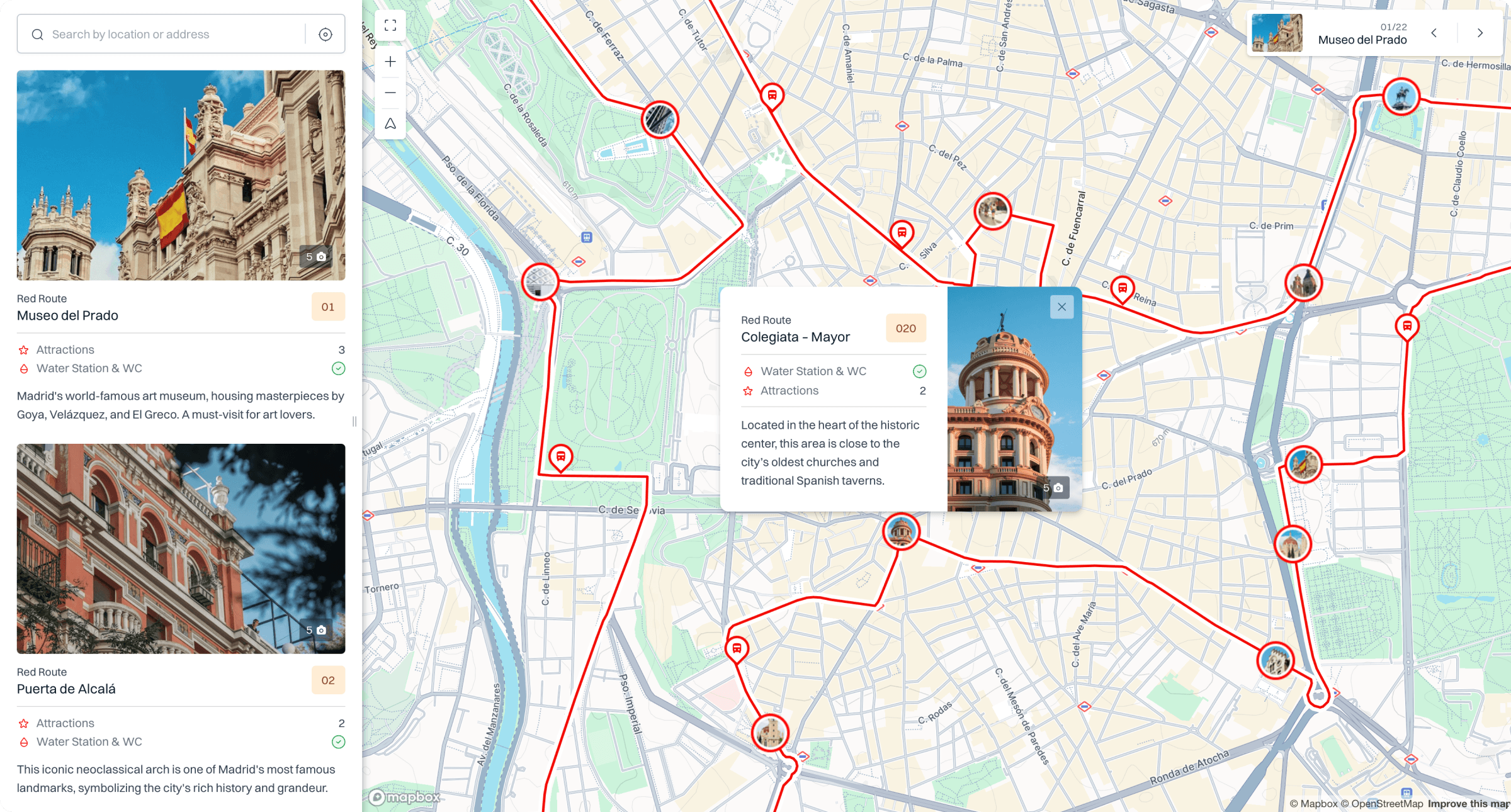 Treweler city guide map with attraction cards, route lines and location popups
