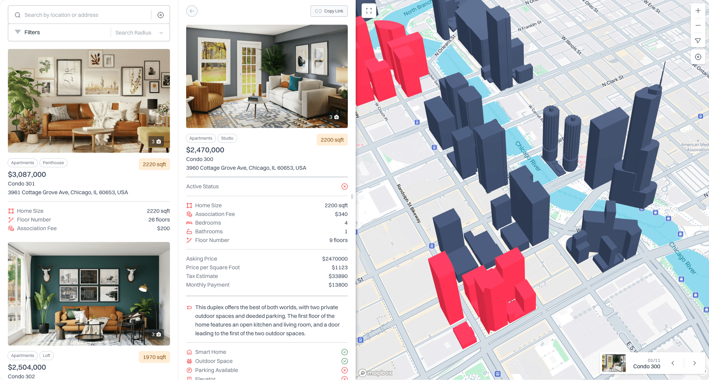 Treweler 3D Models Addon with property listings and colored building models