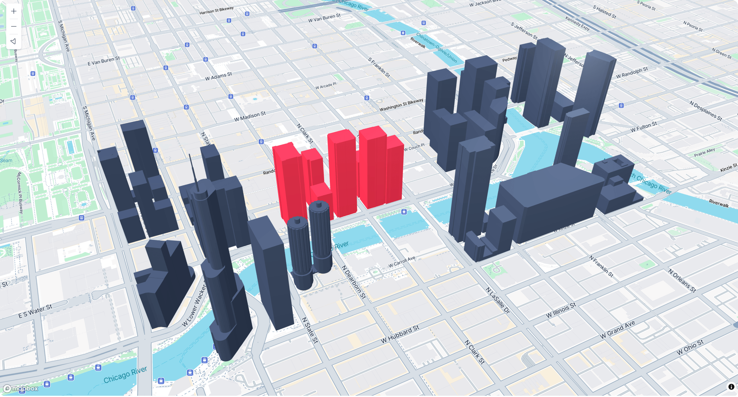 Treweler 3D Models Addon displaying highlighted buildings on a city map