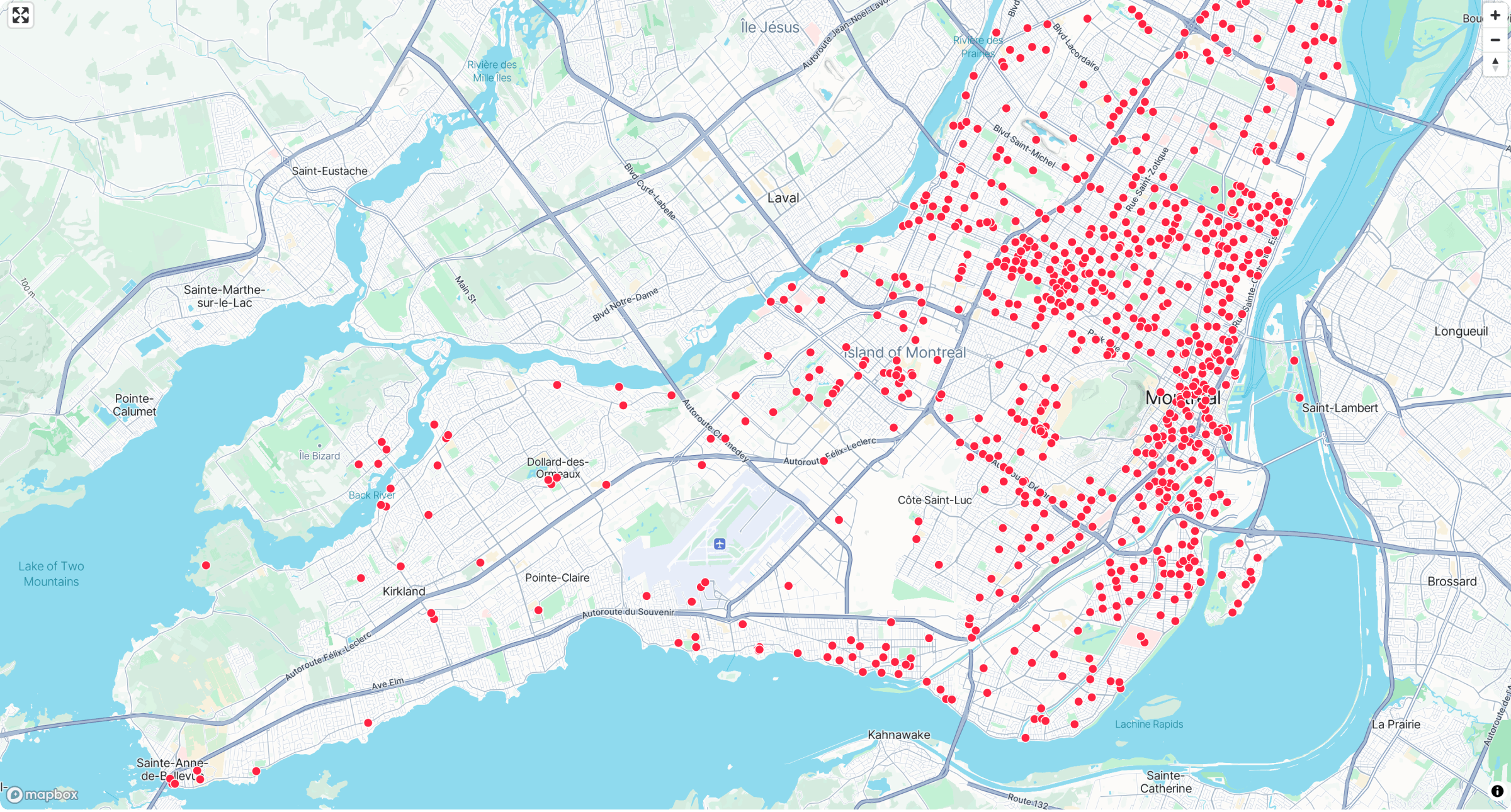 Treweler GeoJSON Addon displaying point data on a map of Montreal