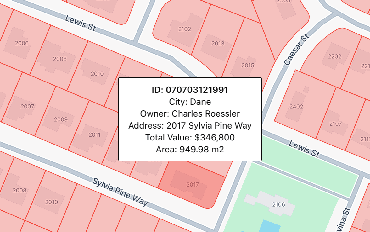 Treweler GeoJSON Addon parcel popup with property value and area details