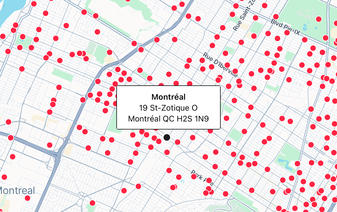 Treweler GeoJSON Addon point popup showing a Montreal location
