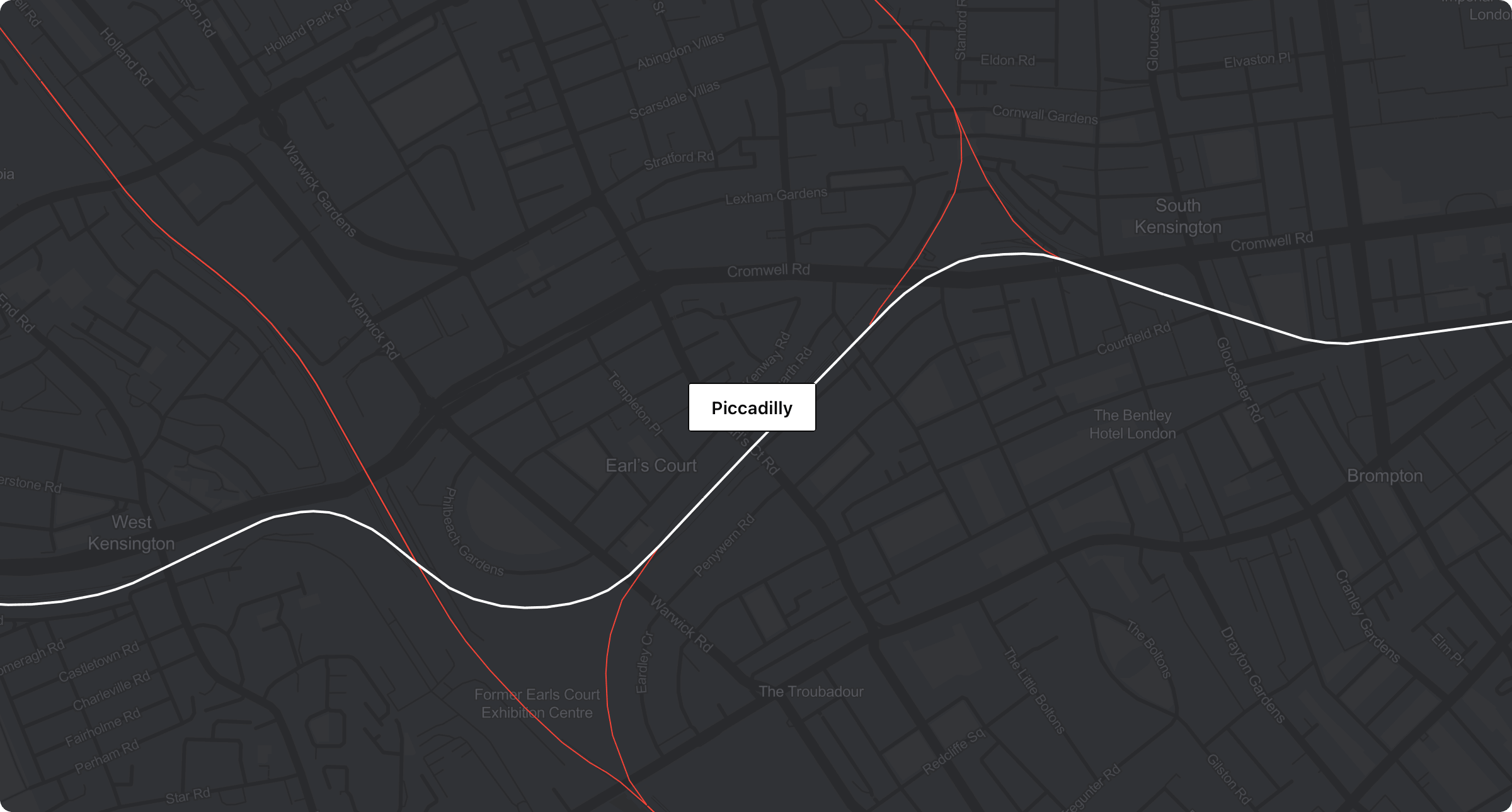 Treweler GeoJSON Addon highlighting the Piccadilly route on a dark map