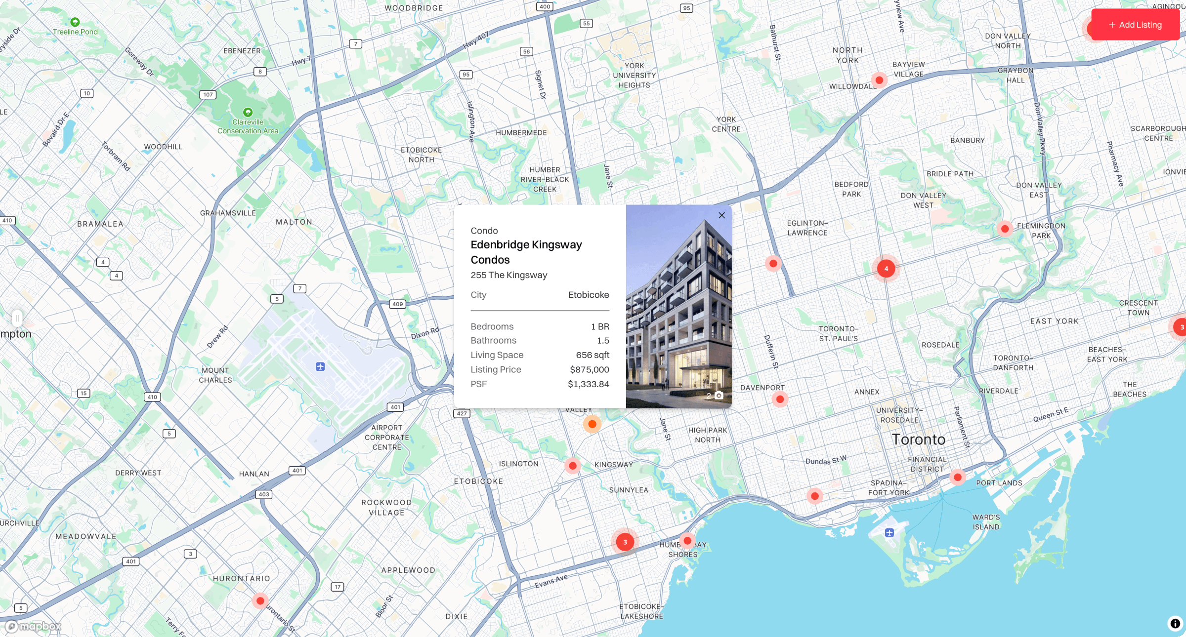 Precondo Assignments map with a selected condominium and property details