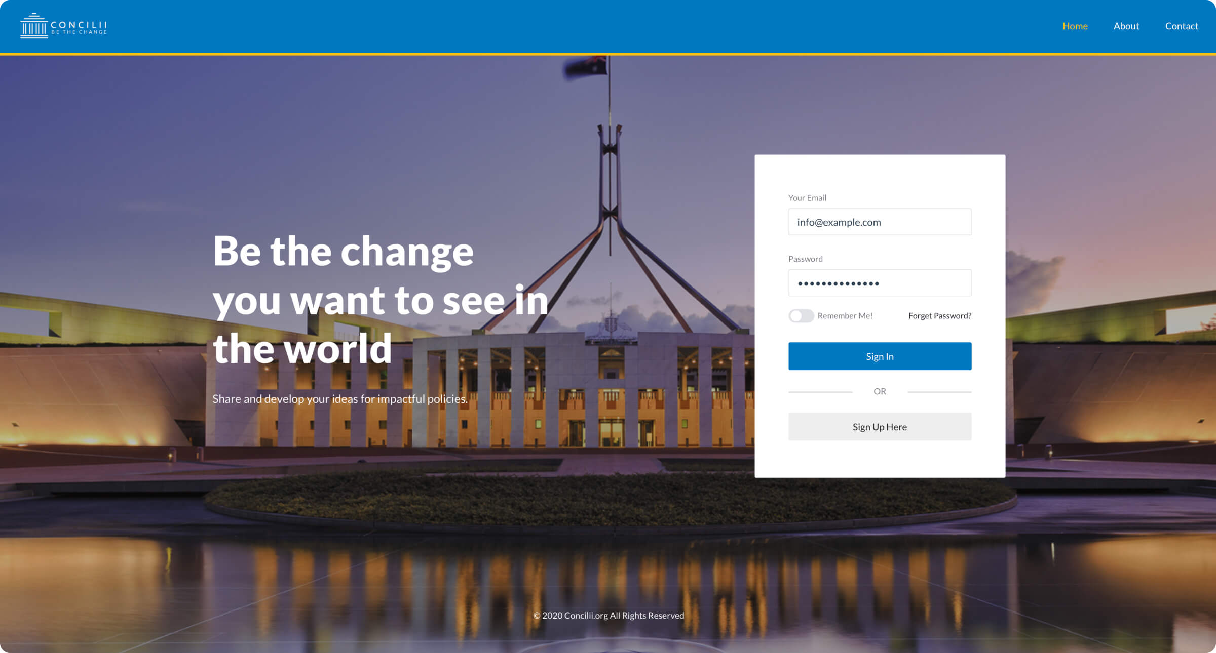 Concilii sign-in page with a civic engagement message and Parliament House background
