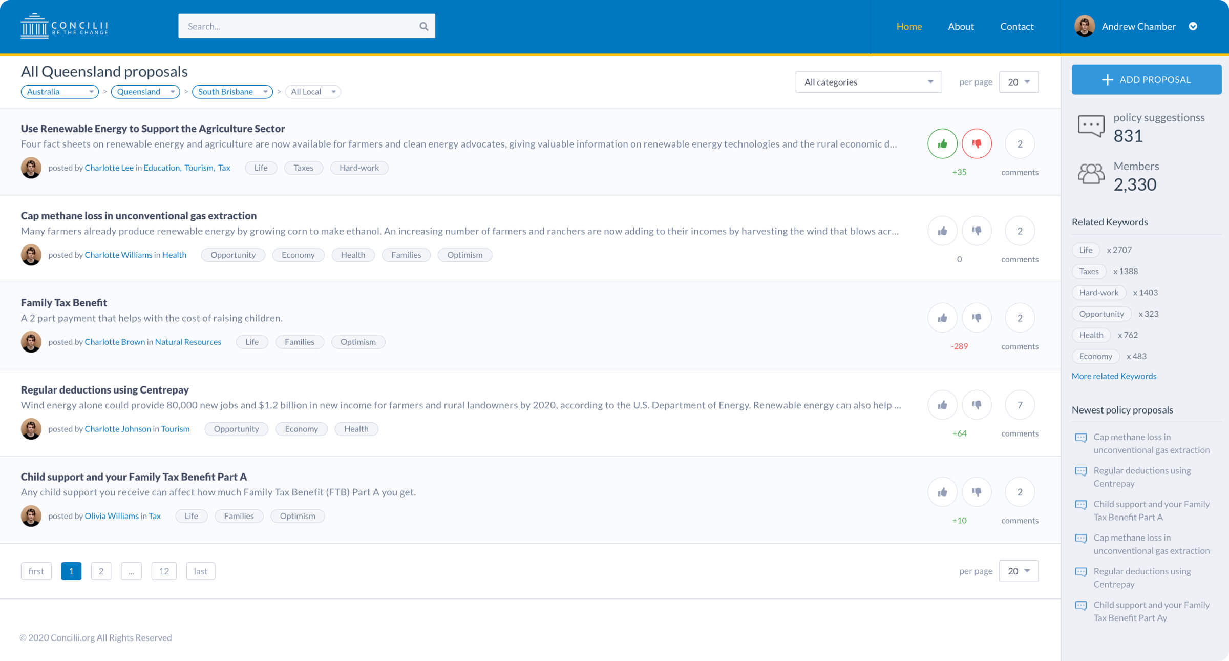 Concilii policy proposal list with location filters and community activity