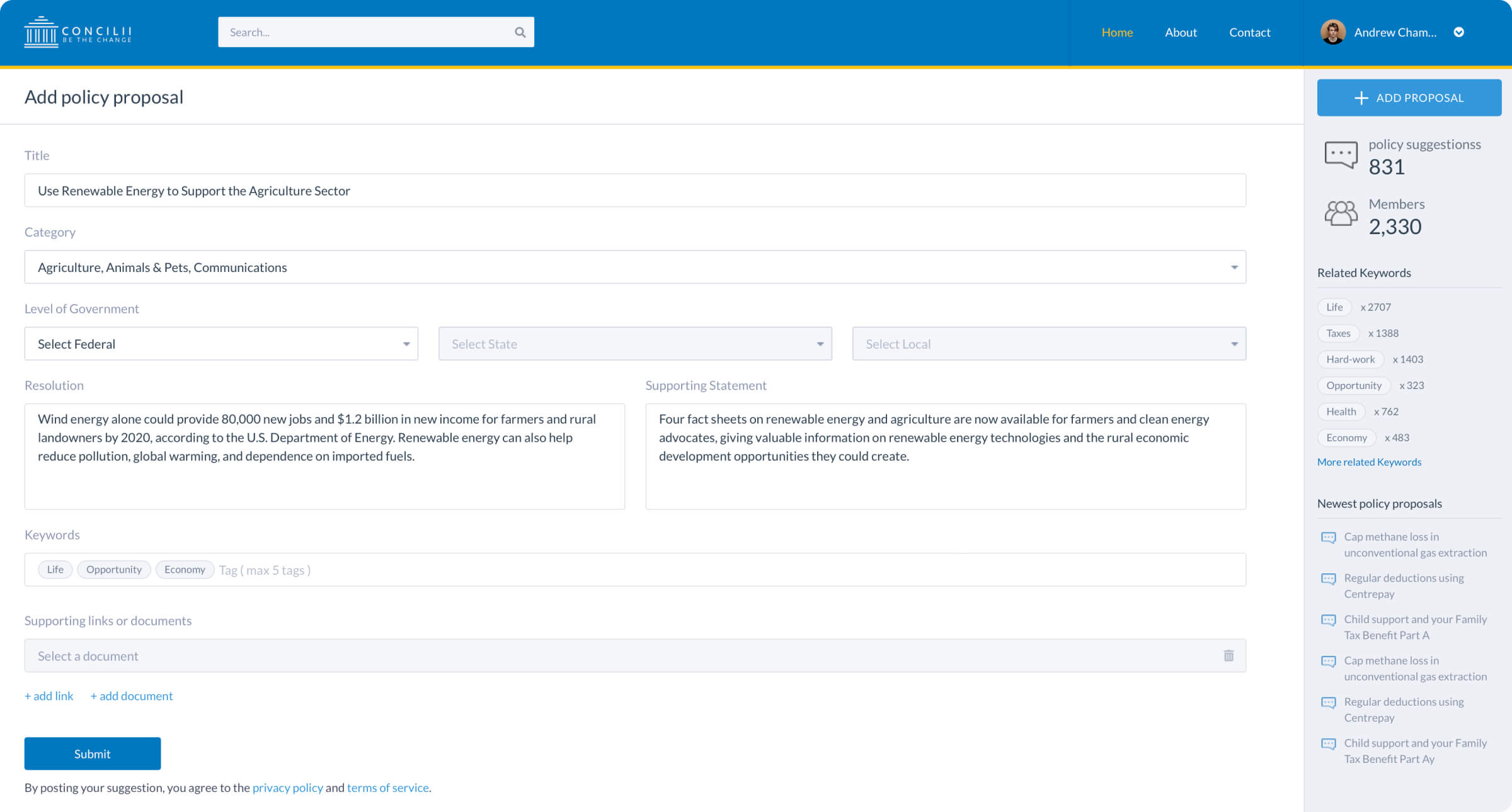 Concilii form for submitting a policy proposal with government level and category fields