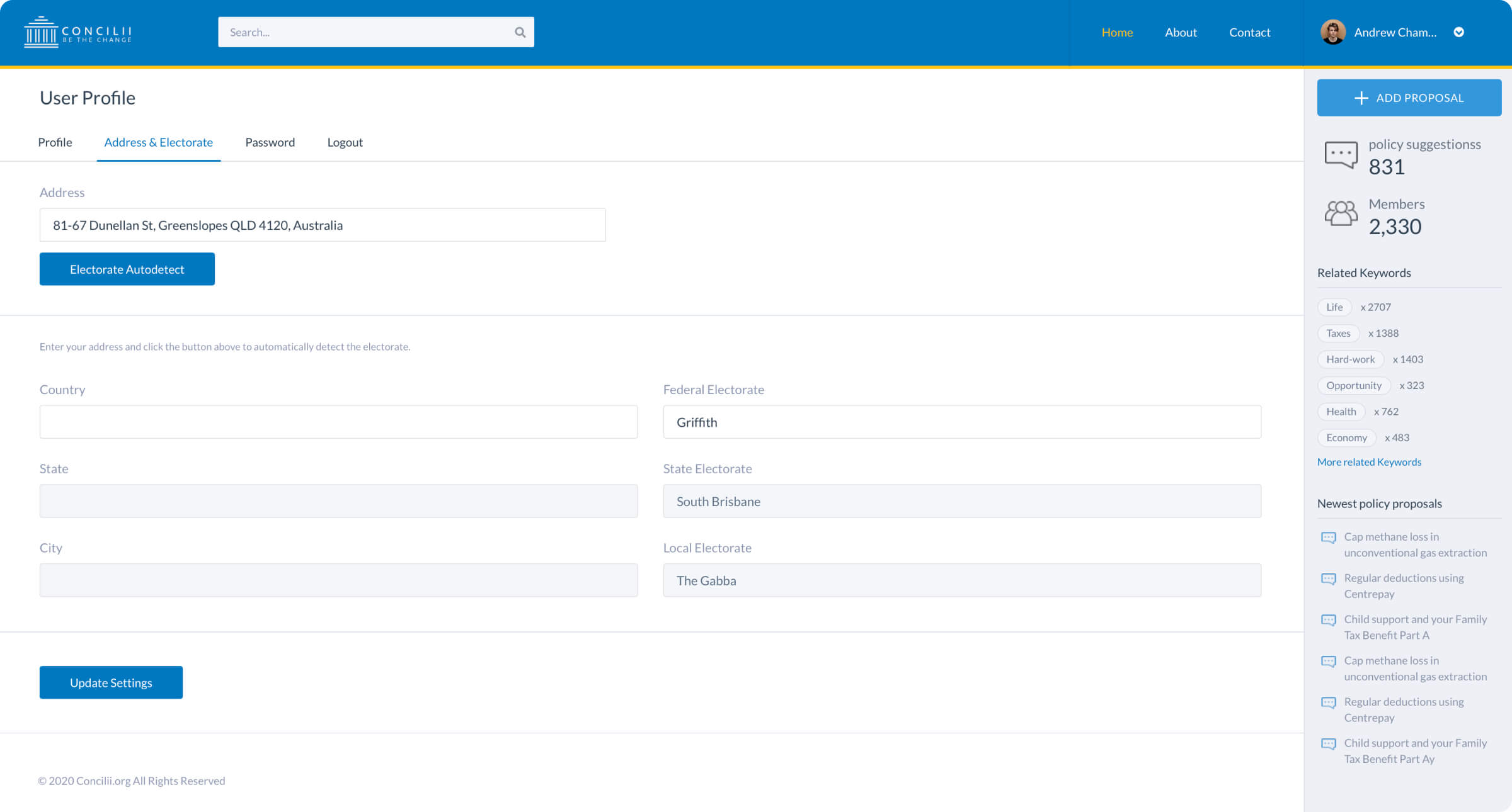 Concilii profile editor with address and electorate settings