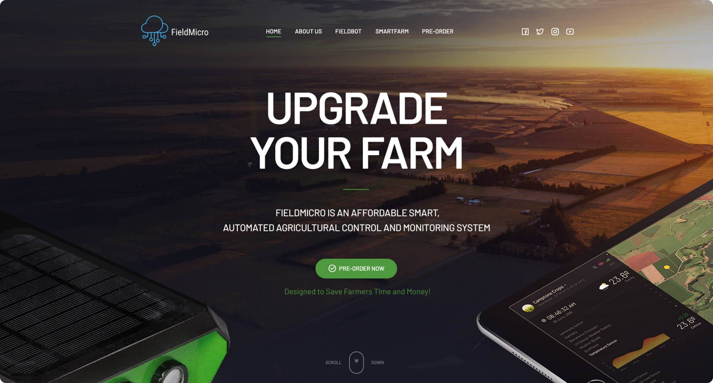 FieldMicro homepage presenting smart agricultural monitoring and control technology