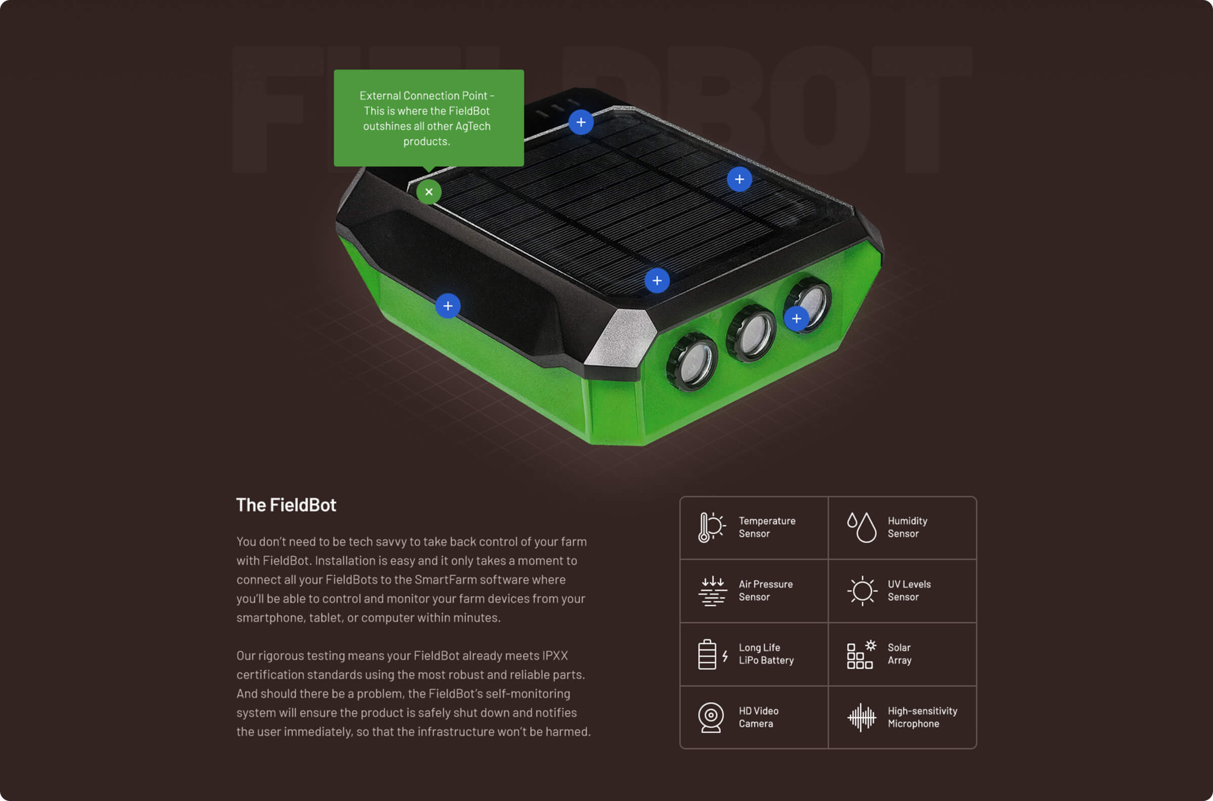 FieldMicro FieldBot device presentation with sensor and connectivity features