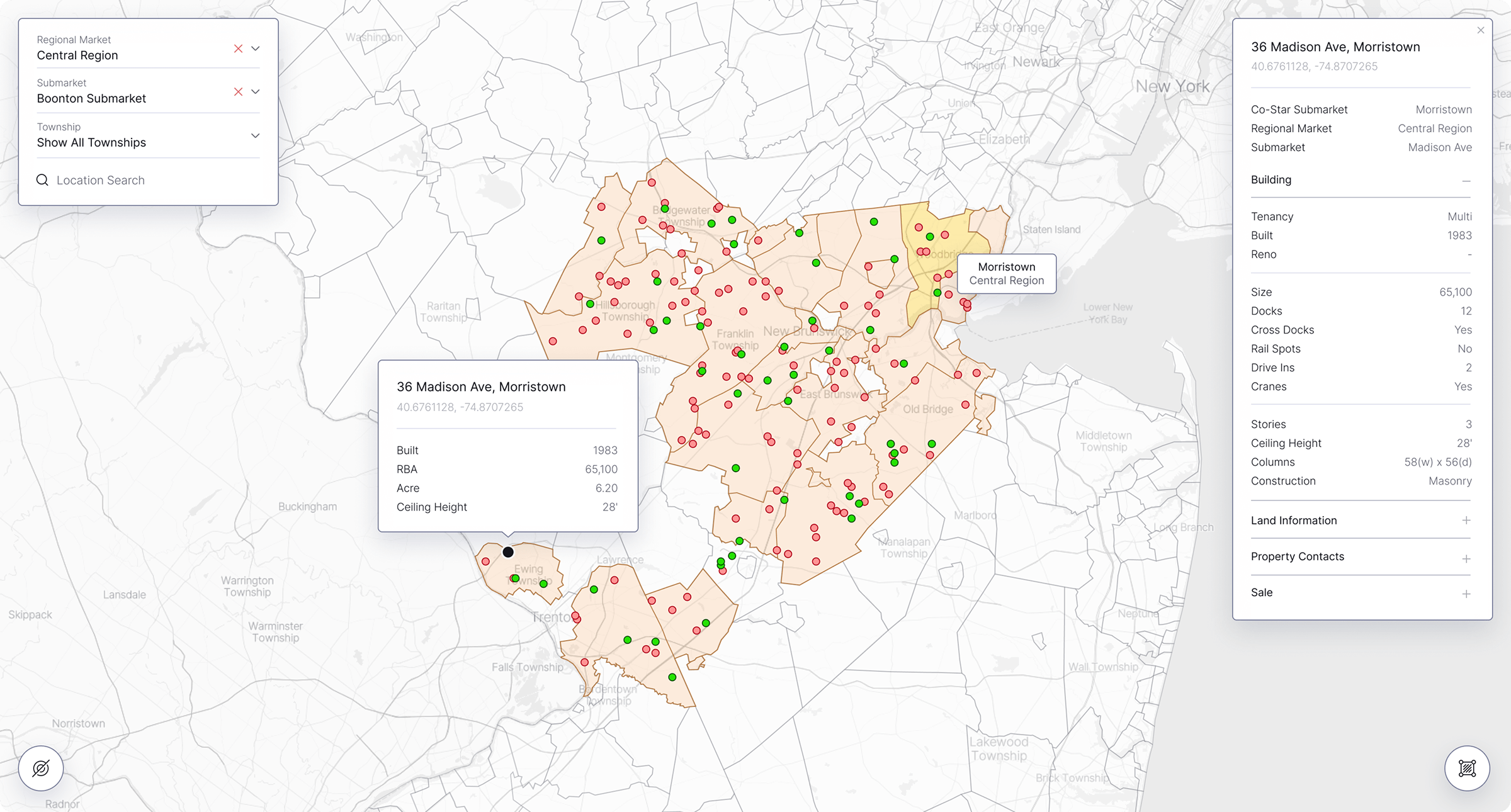 SiteMatrix industrial property map with location filters and building information