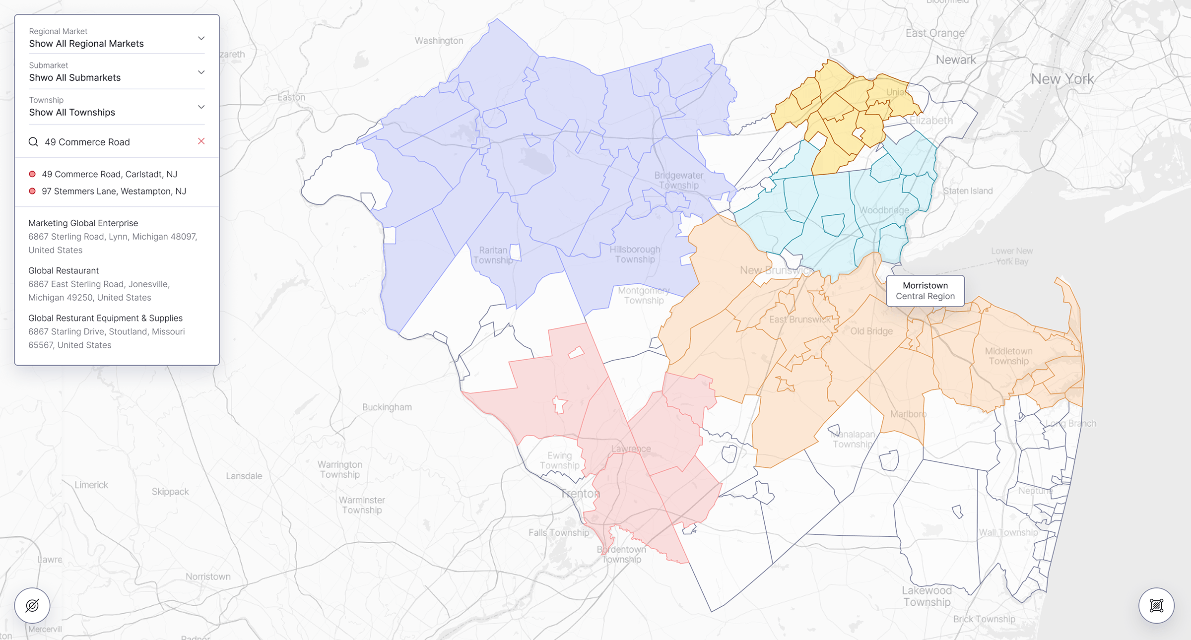 SiteMatrix map displaying regional markets and colored submarket boundaries