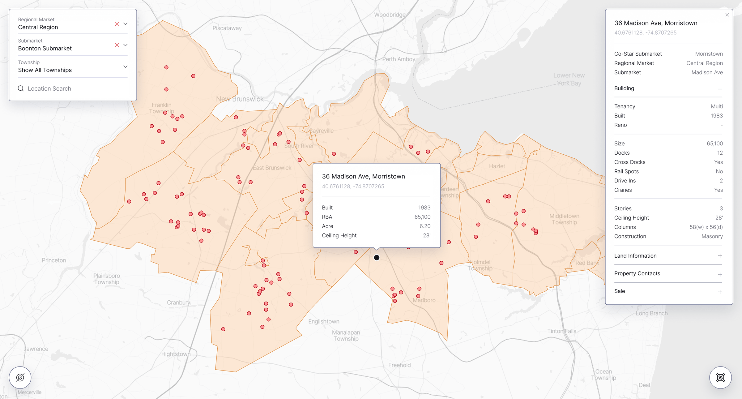 SiteMatrix industrial property map with market boundaries and lease transaction details