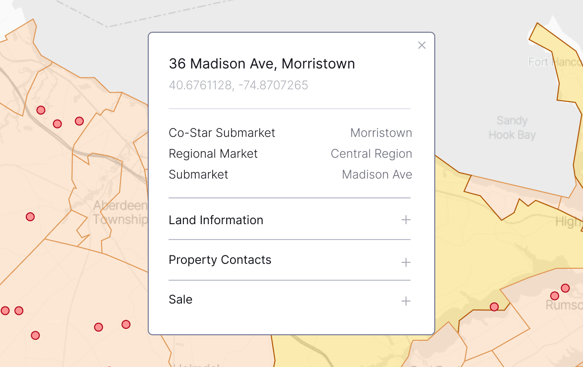 SiteMatrix property popup with market classification and expandable information sections