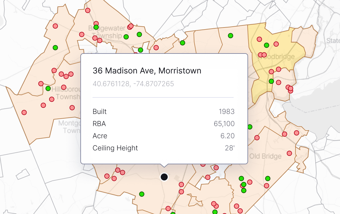 SiteMatrix property popup showing building size, construction year and ceiling height