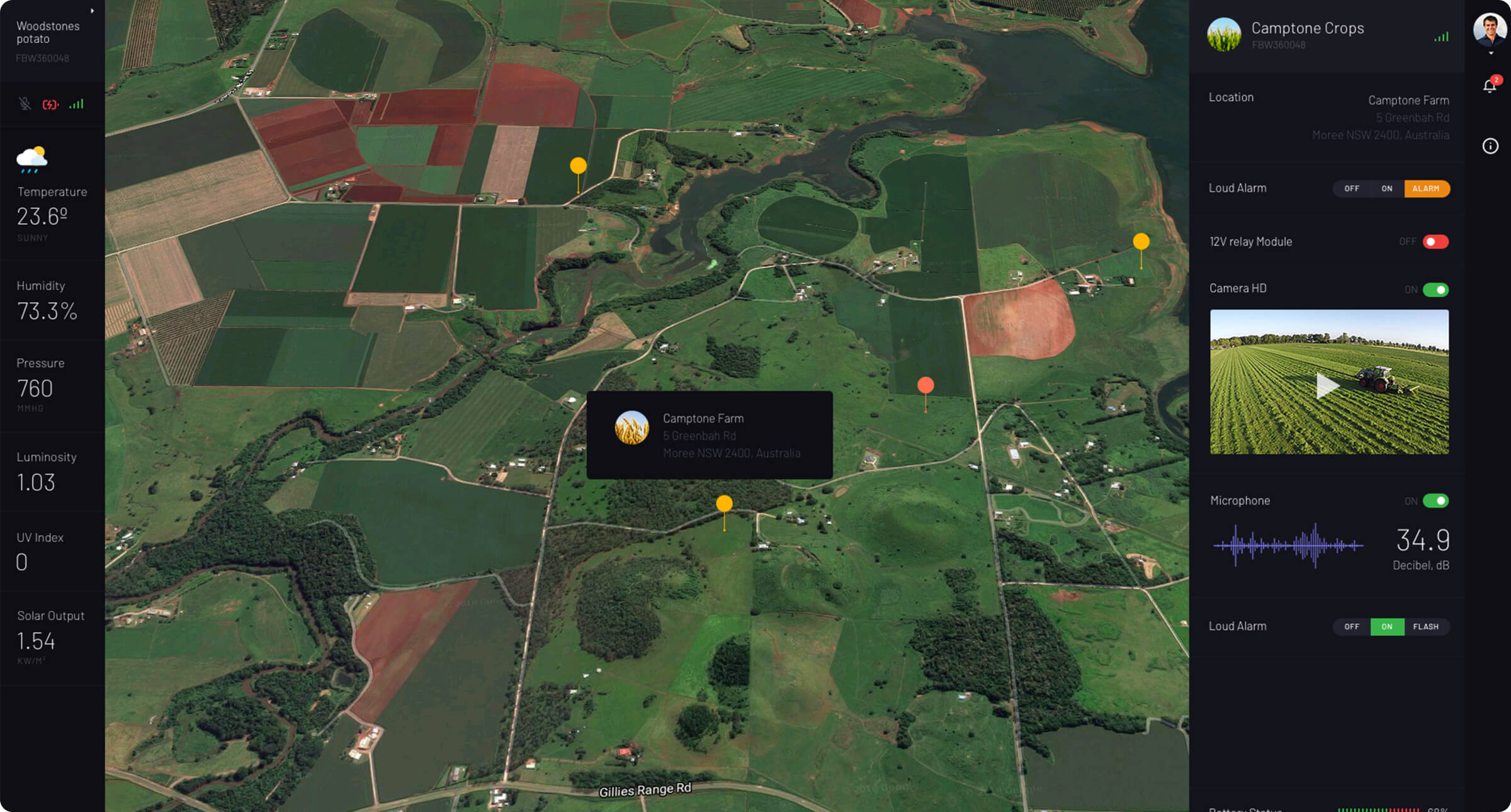 SmartFarm satellite map with environmental readings and remote equipment controls