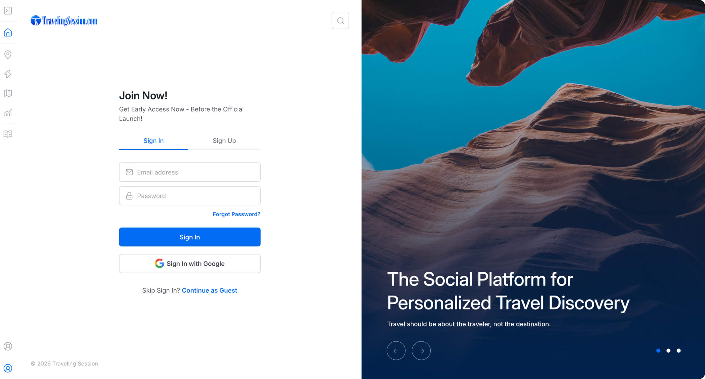 Traveling Session sign-in page for personalized travel discovery