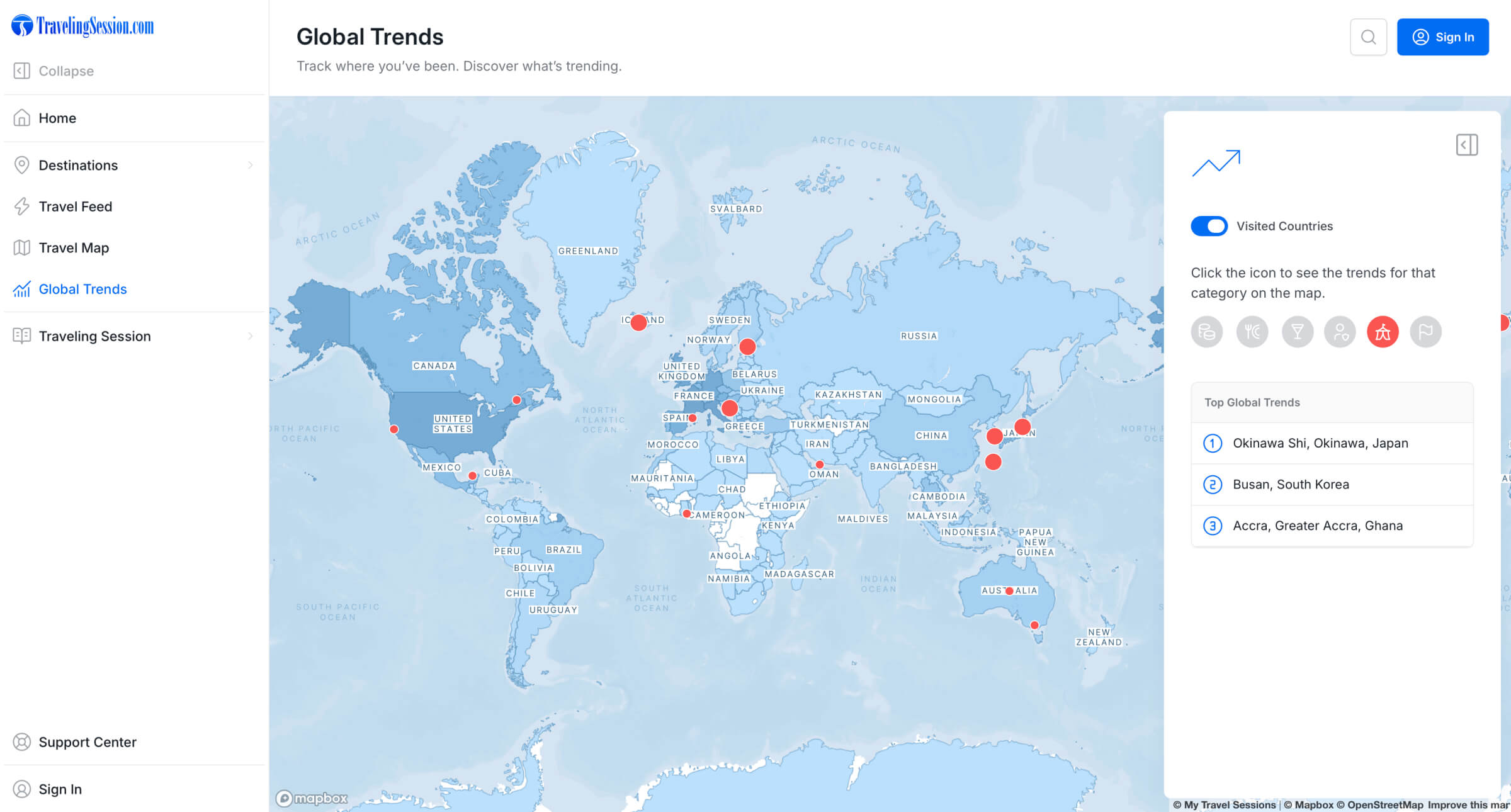 Traveling Session global trends map with popular destinations and visited-country statistics