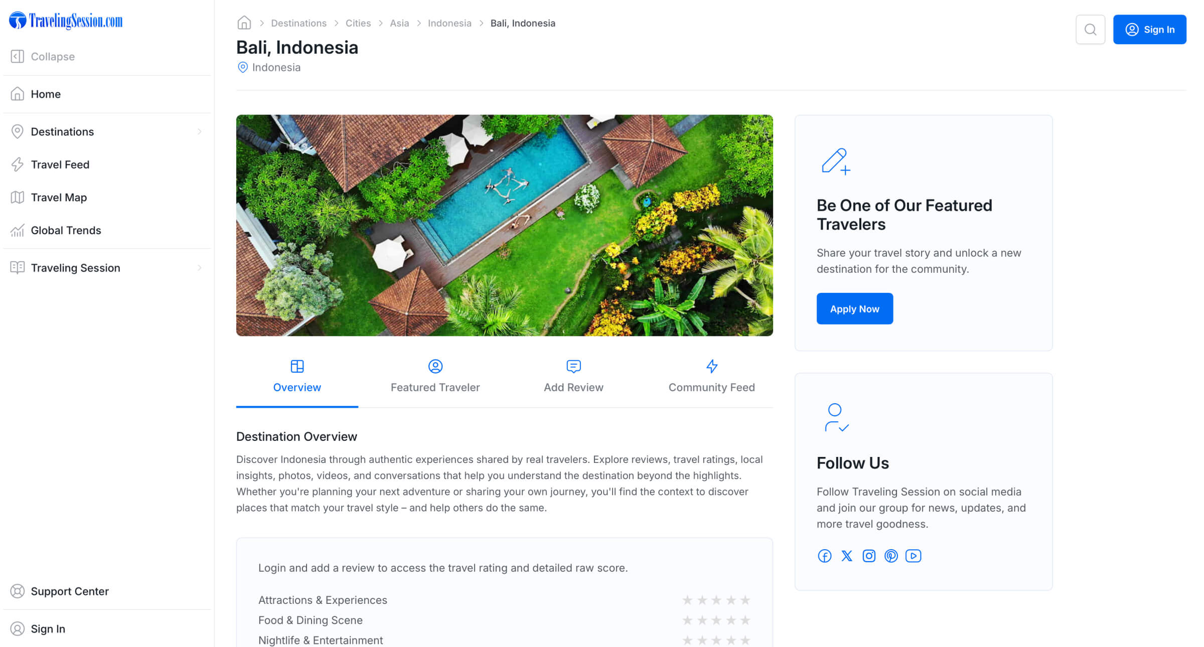 Traveling Session Bali destination page with travel categories and community navigation