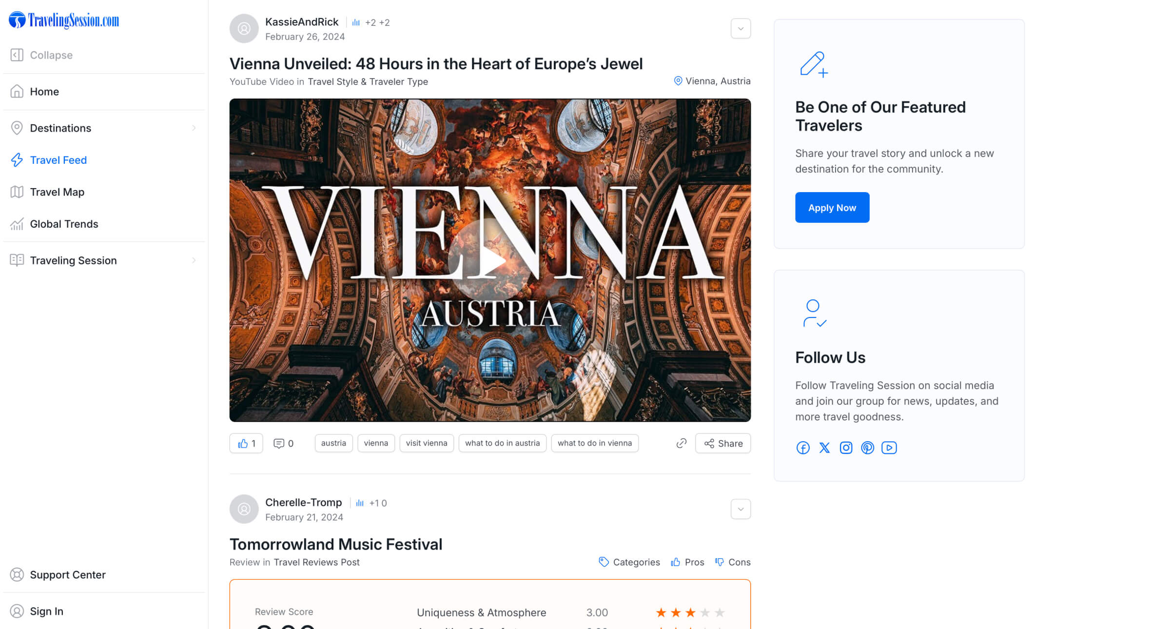 Traveling Session community feed with a Vienna travel video and user posts