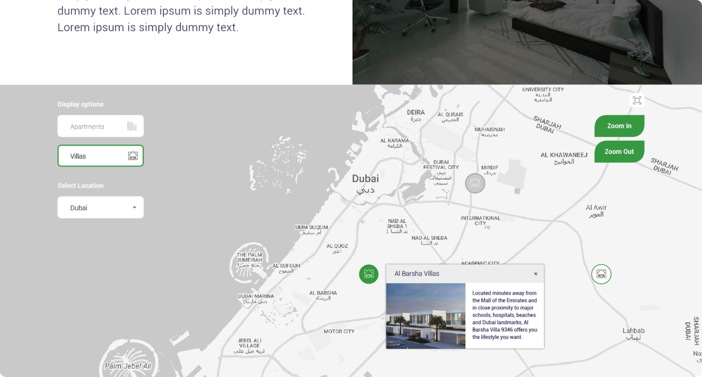 Atheer property map with location filters and a villa information popup