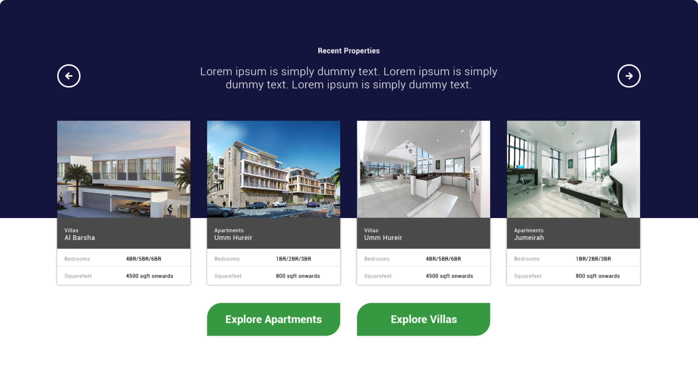 Atheer property cards with apartment and villa details