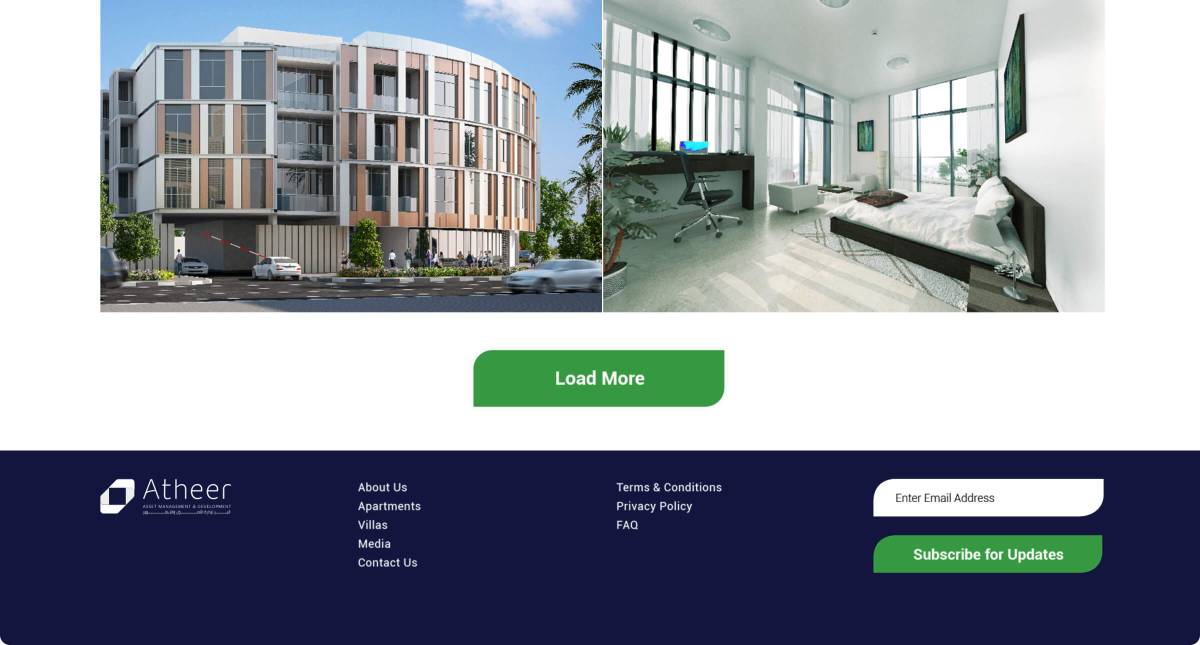 Atheer property gallery and website footer with newsletter signup